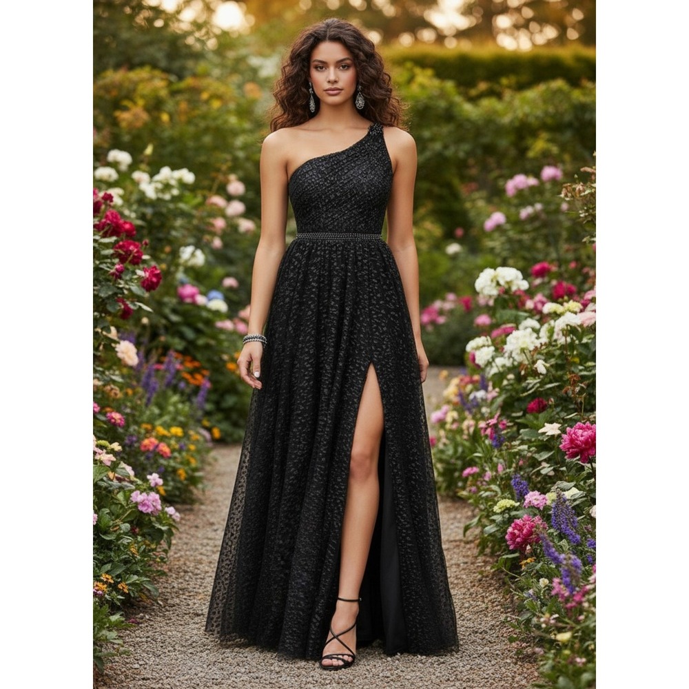 Mori Lee Gown Women 14 Black One Shoulder Beaded Tulle Slit Formal Ballgown Prom